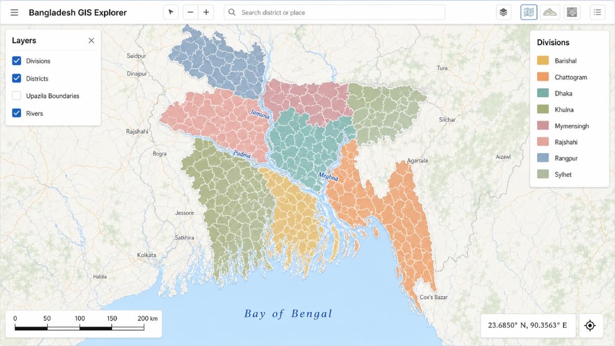 Interactive district boundaries across divisions of Bangladesh